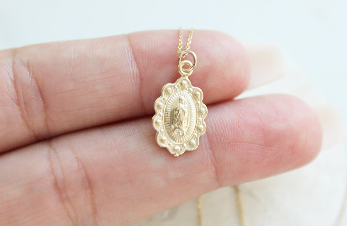 14k Gold Our Lady of Guadalupe Scalloped Necklace
