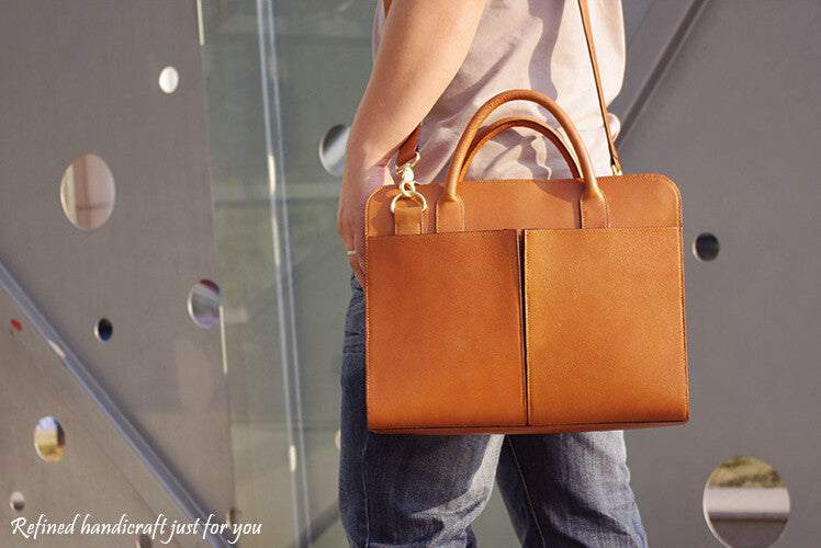 Handmade Tan Brown Leather Briefcase, Laptop Bag, Messenger Shoulder Bag Men's Handbag D018