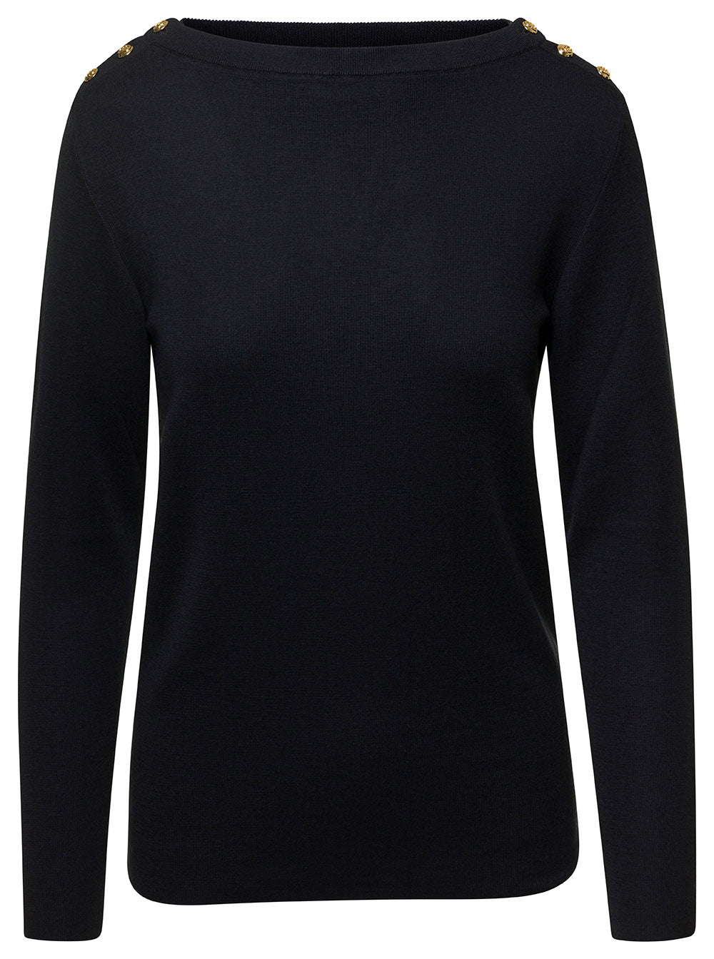 Gucci Women Black Sweater With Boat Neckline And Golden Logo Buttons In Cashmere Woman
