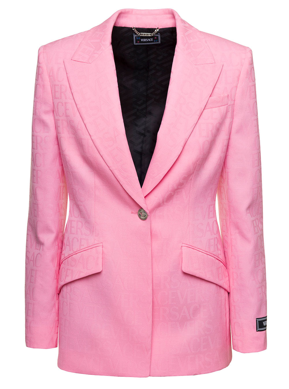 Versace Women Pink Single-Breasted Jacket With All-Over Tonal Logo Lettering Print In Wool Woman