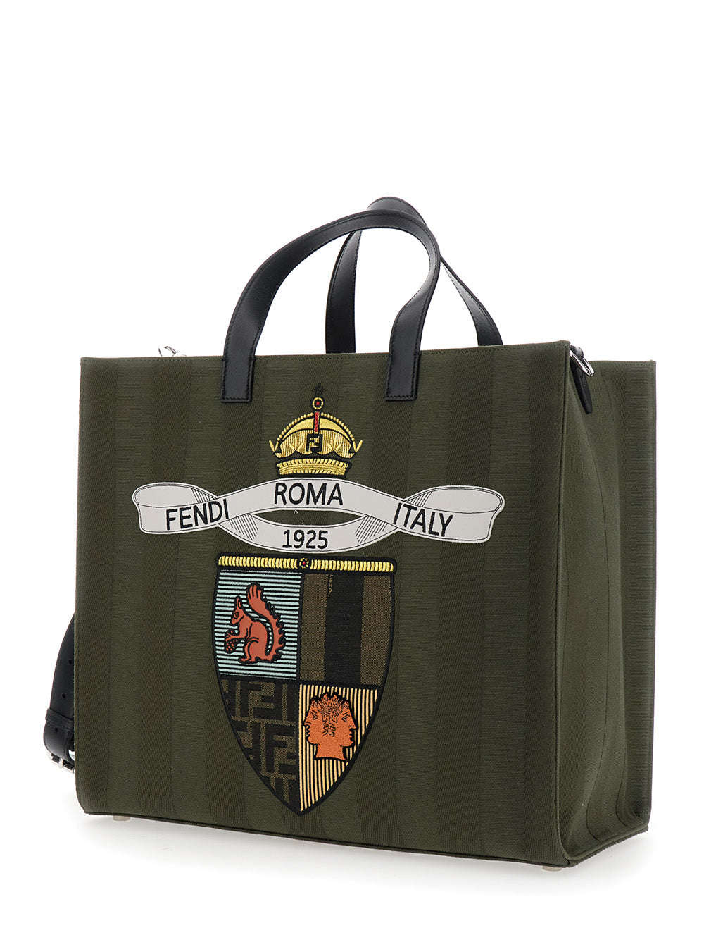 Fendi Men Green Shopper With Vertical Stripes Motif And Fendi Club Patch On The Front In Canvas Man