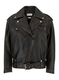 Alexander Mcqueen Women Antiqued Brown Biker Jacket With Wide Classic Lapels And Decentralized Zip Closure In Leather Woman