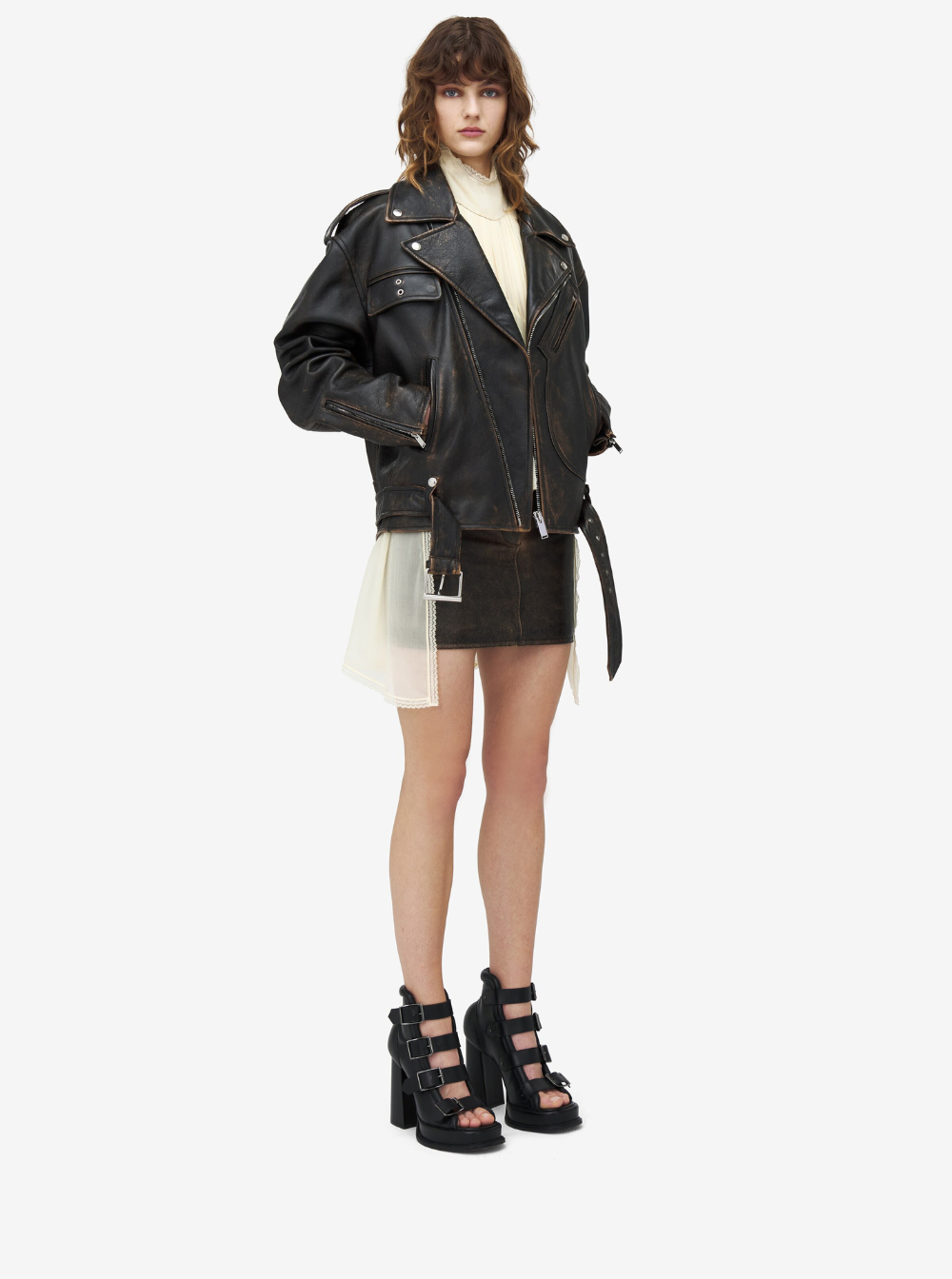 Alexander Mcqueen Women Antiqued Brown Biker Jacket With Wide Classic Lapels And Decentralized Zip Closure In Leather Woman