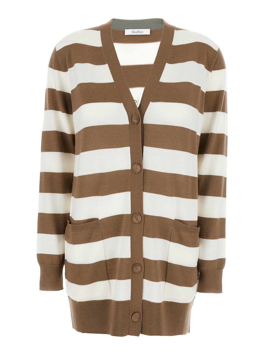 Max Mara Women 'Fiemme'beige Cardigan With Rear Embroidery And All-Over Striped Motif In Wool Woman