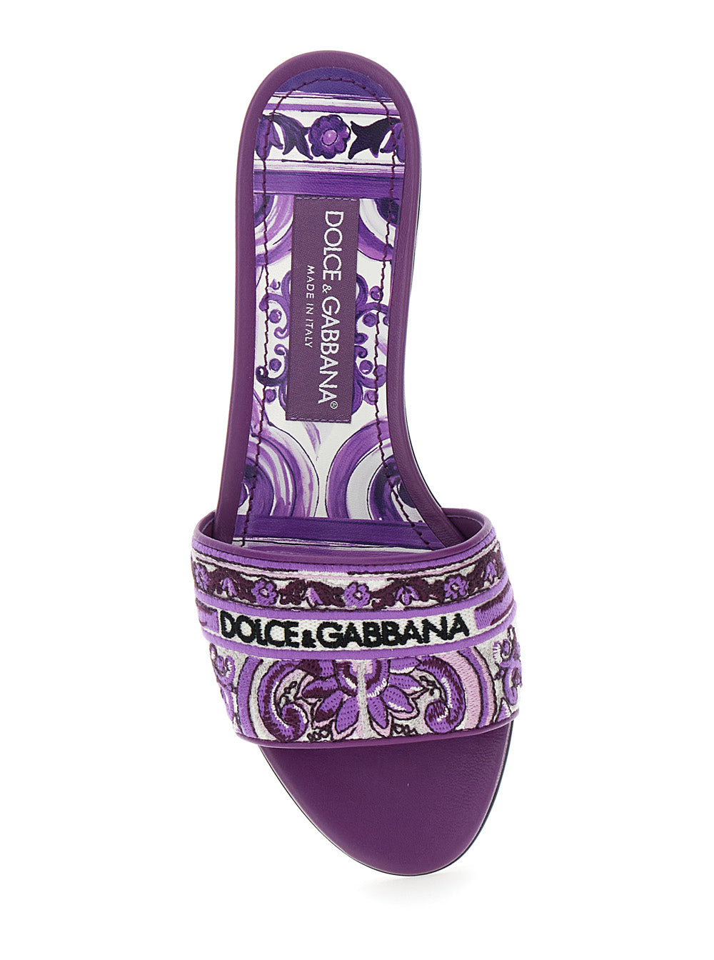Dolce & Gabbana Women Violet Sandals With Logo Embroidery On The Front And All-Over Majolica Motif In Cotton Blend Woman