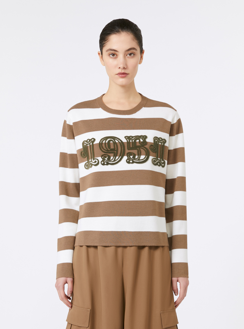 Max Mara Women 'Viterbo' Beige Crewneck Sweater With Embroidery On The Front And All-Over Striped Motif In Wool Woman