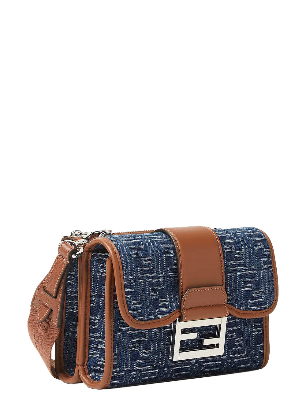 Fendi Men 'Baguette Double' Blue Crossbody Bag With Magnetic Ff Closure And All-Over Motif In Blue Cotton Man