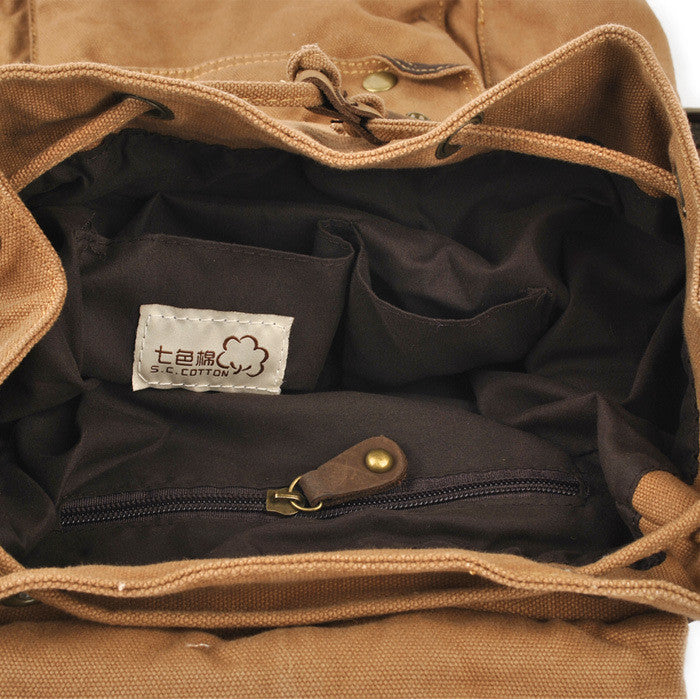 ROCKCOW Multi-Pocket Hiking Military Rucksack with Leather Accents on Brown 1005