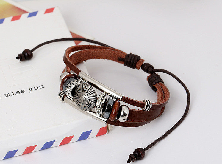 ROCKCOW Mens Vintage Leather Wrist Band Brown Rope Bracelet Bangle YY-PK001
