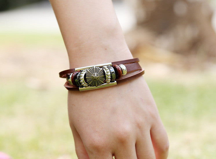 ROCKCOW Mens Vintage Leather Wrist Band Brown Rope Bracelet Bangle YY-PK001