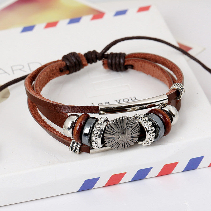 ROCKCOW Mens Vintage Leather Wrist Band Brown Rope Bracelet Bangle YY-PK001