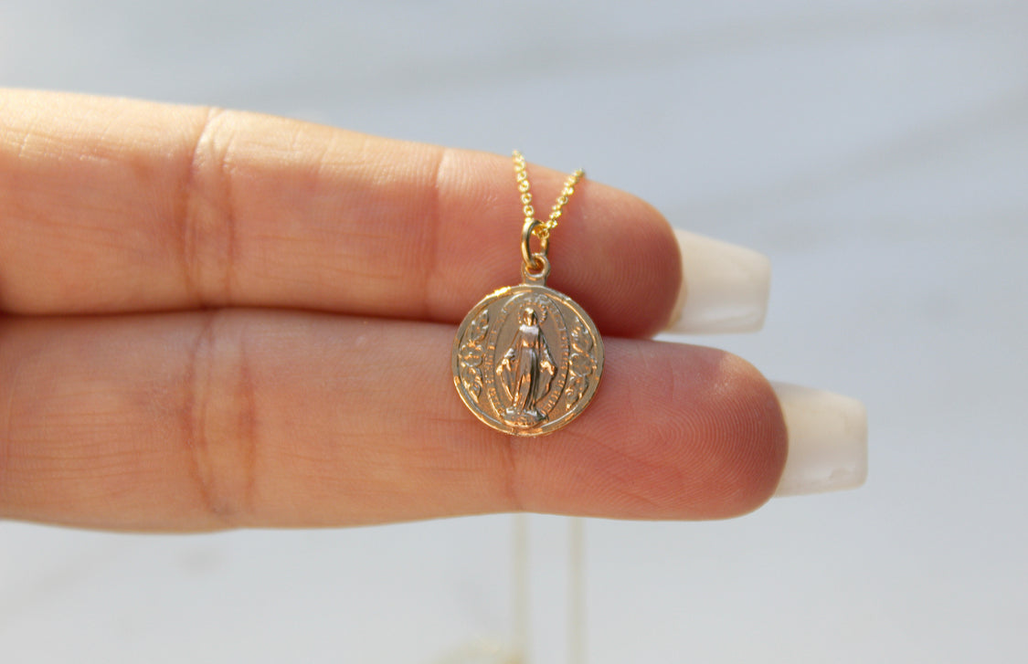 14k Gold Round Miraculous Medal Necklace