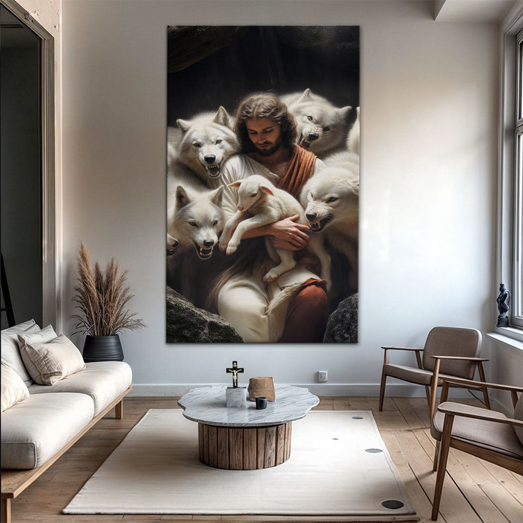 Jesus Protects The Lamb From Wolves Faith Wall Art