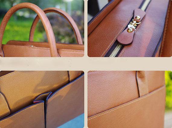 Handmade Tan Brown Leather Briefcase, Laptop Bag, Messenger Shoulder Bag Men's Handbag D018