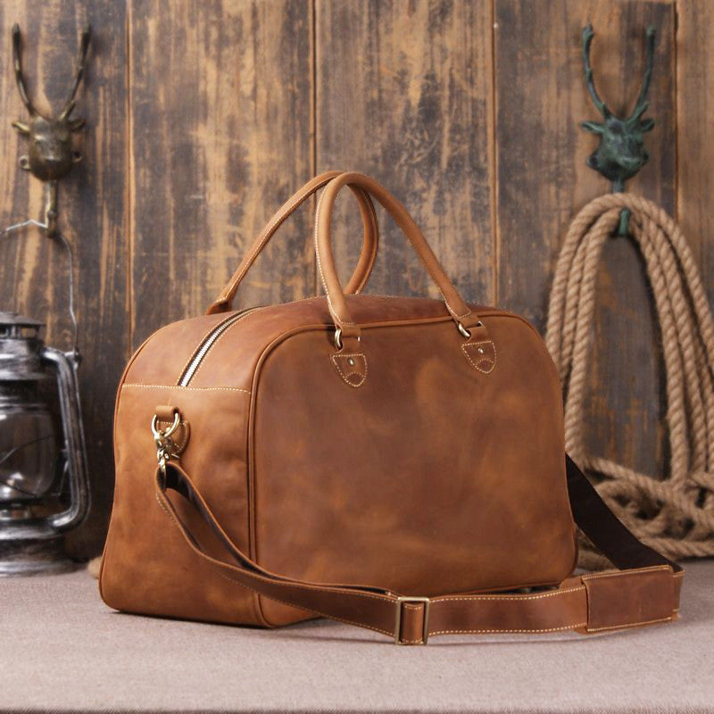 Vintage Brown Full Grain Leather Travel Duffle Bag for Men
