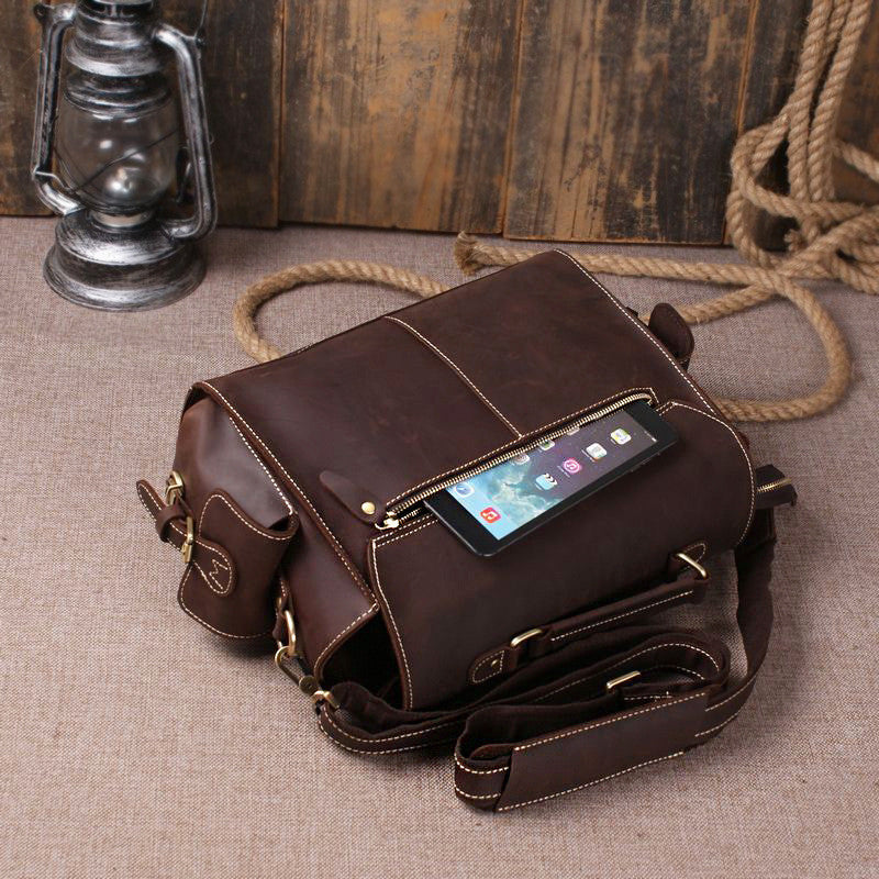 Dark Brown Leather Messenger Bag for Photographers, Travelers & Diaper Bag for Mother 6919