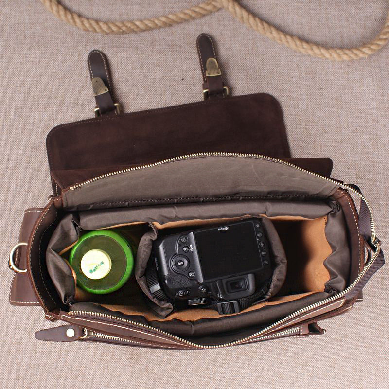 Dark Brown Leather Messenger Bag for Photographers, Travelers & Diaper Bag for Mother 6919