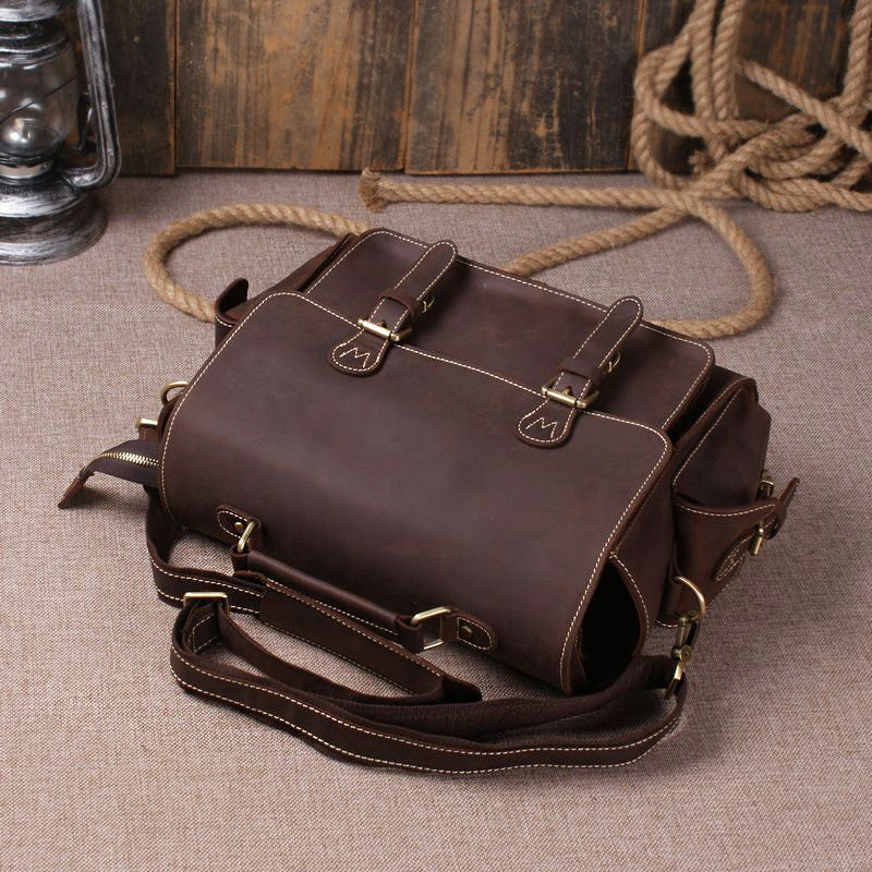 Dark Brown Leather Messenger Bag for Photographers, Travelers & Diaper Bag for Mother 6919