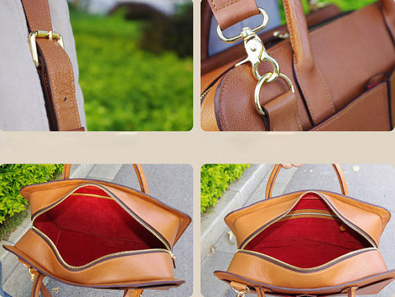 Handmade Tan Brown Leather Briefcase, Laptop Bag, Messenger Shoulder Bag Men's Handbag D018