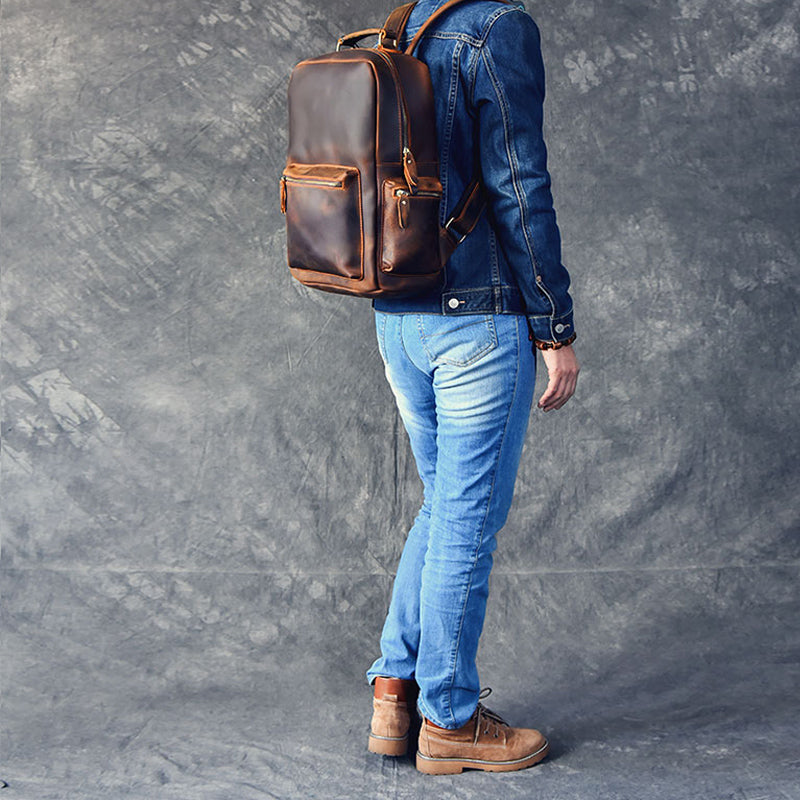 Men Retro Backpack Crazy Horse Leather Travel Backpack Laptop Backpack