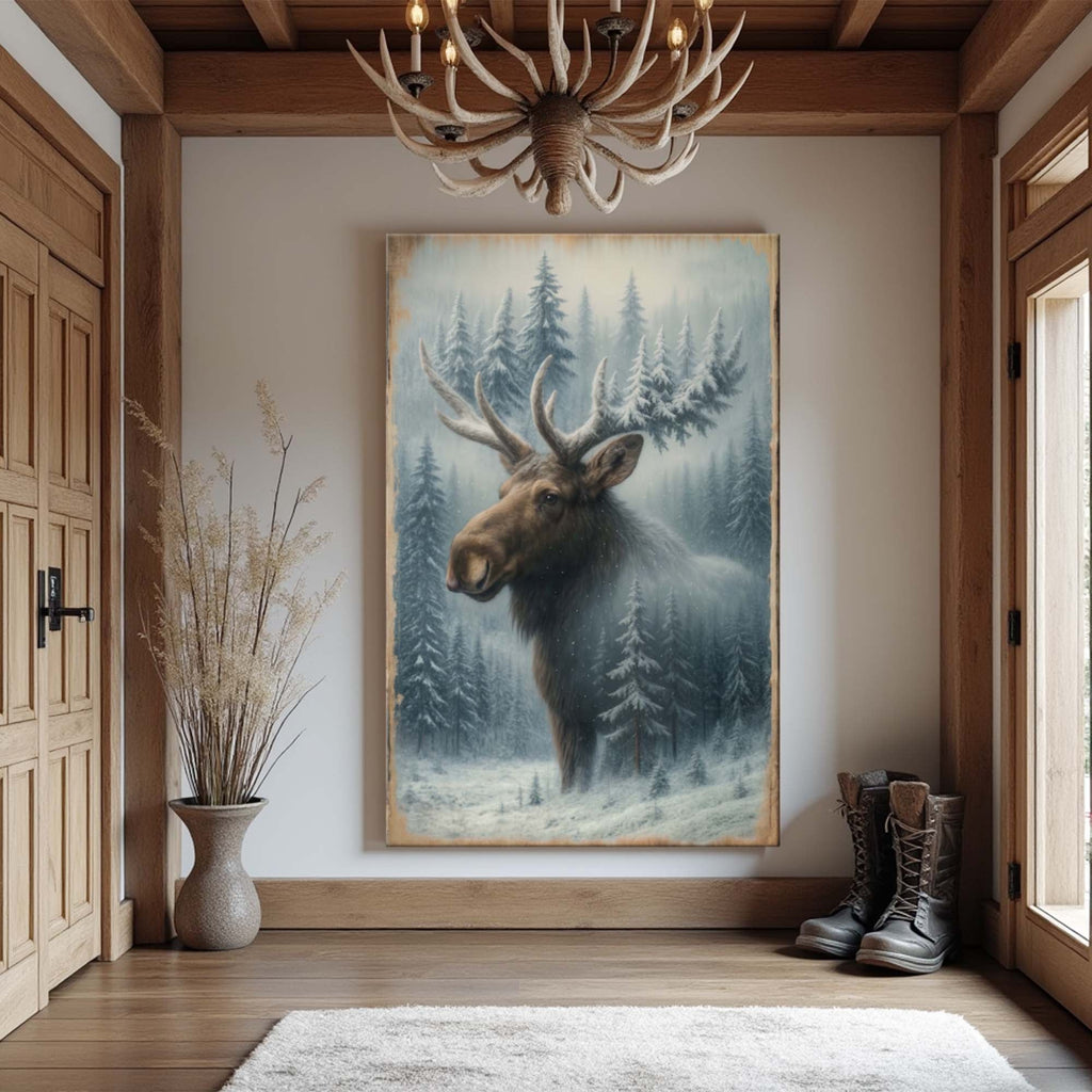 Snowy Forest Moose Double Exposure Wall Art