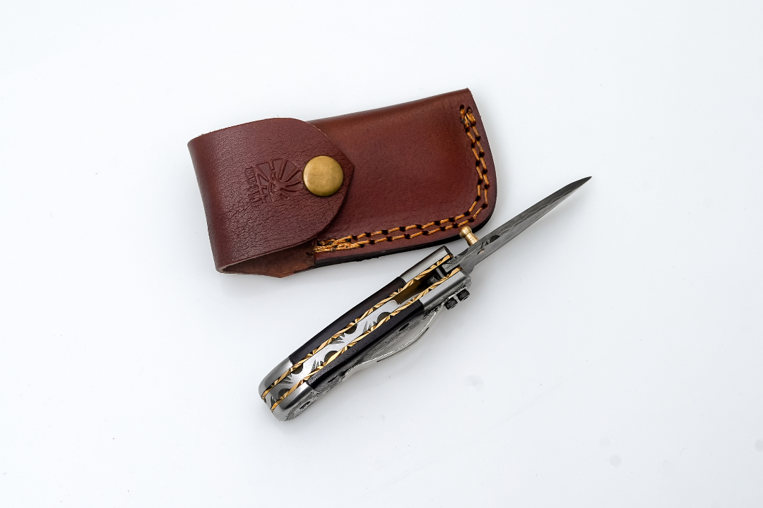 Hand-Forged Damascus Folding Knife | Engraved Bolster, Dark Wood Handle & Intricate Spine File Work TF-074