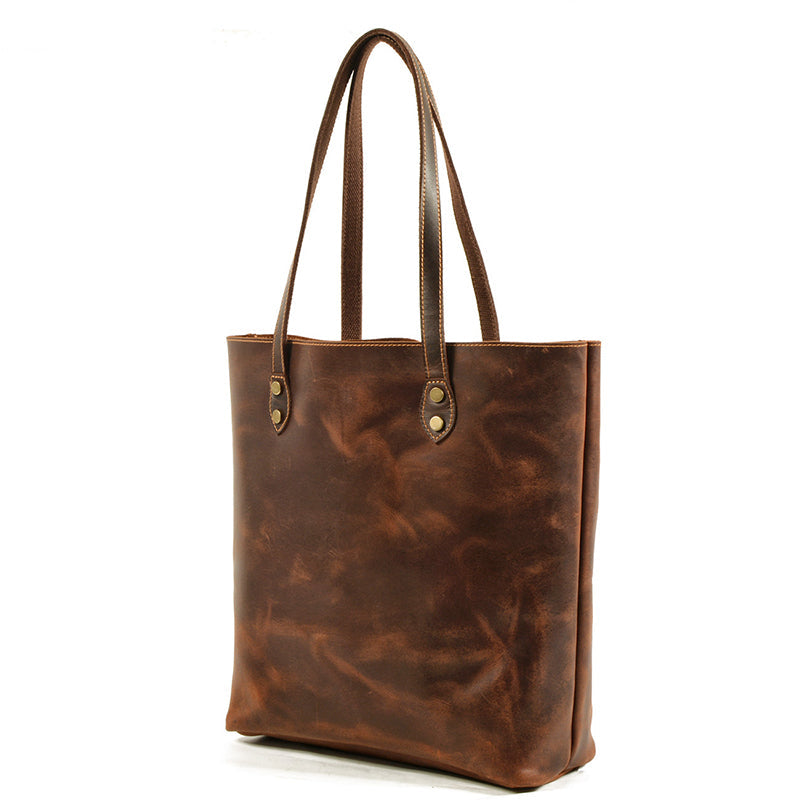 Full Grain Crazy Horse Leather Shoulder Bag Vintage Style Handbag Large Capacity Women Everyday Tote