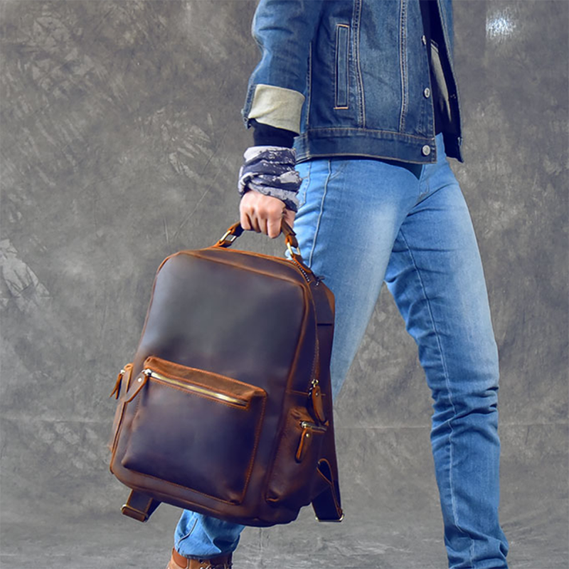 Men Retro Backpack Crazy Horse Leather Travel Backpack Laptop Backpack