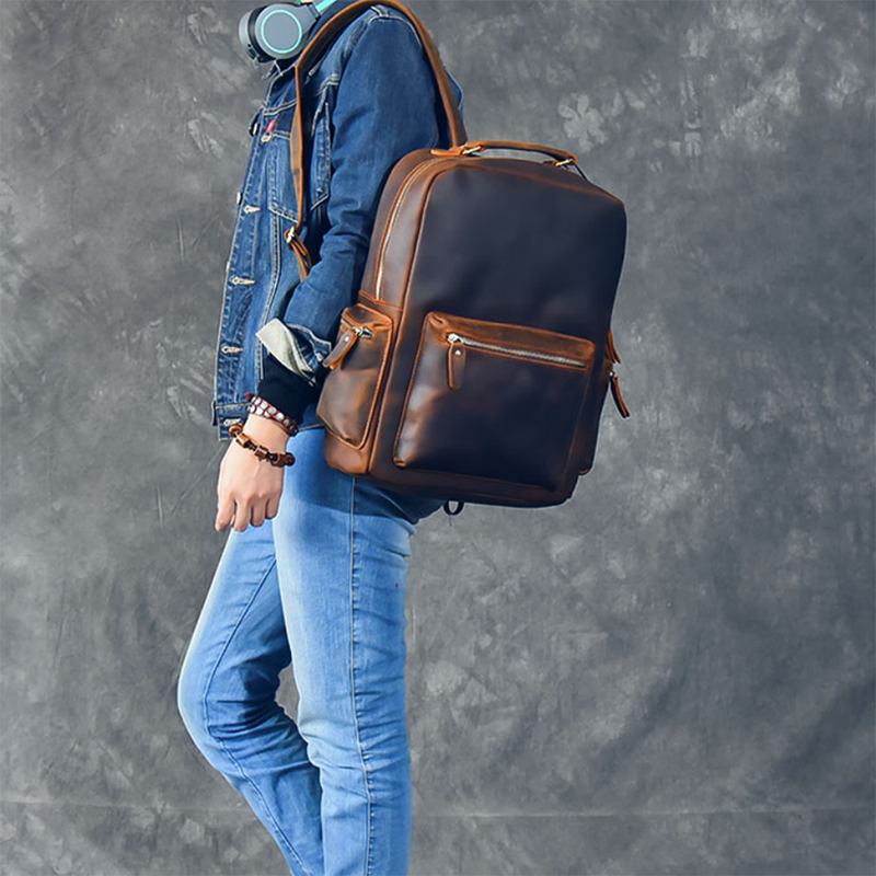Men Retro Backpack Crazy Horse Leather Travel Backpack Laptop Backpack