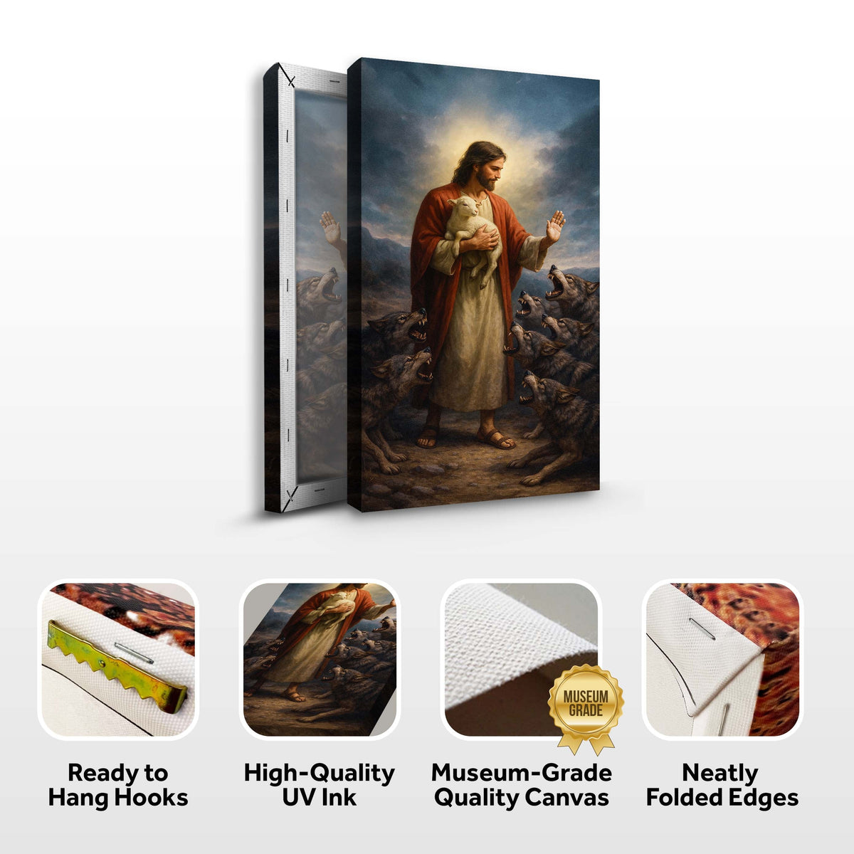 Jesus Protects The Lamb From Wolves Faith Wall Art V