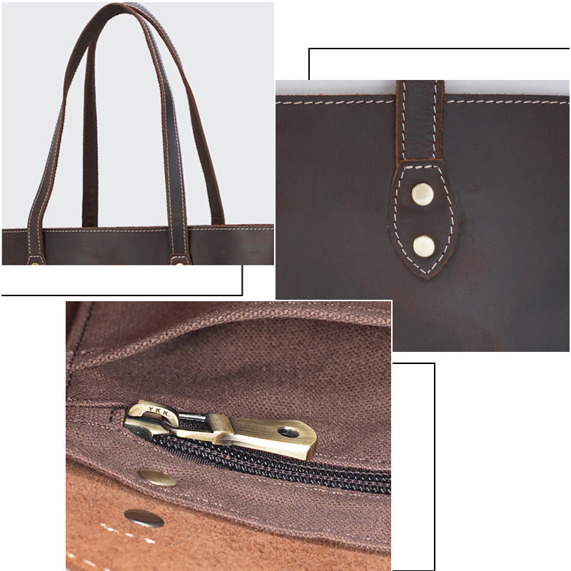 Full Grain Crazy Horse Leather Shoulder Bag Vintage Style Handbag Large Capacity Women Everyday Tote