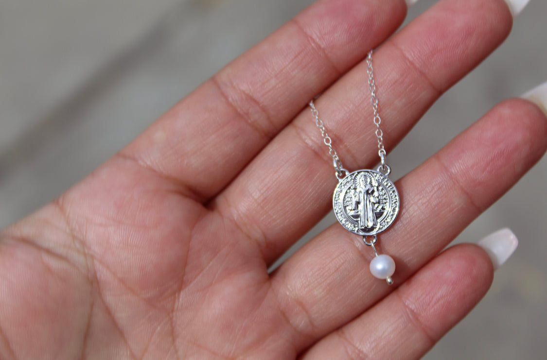St. Benedict White Pearl Necklace