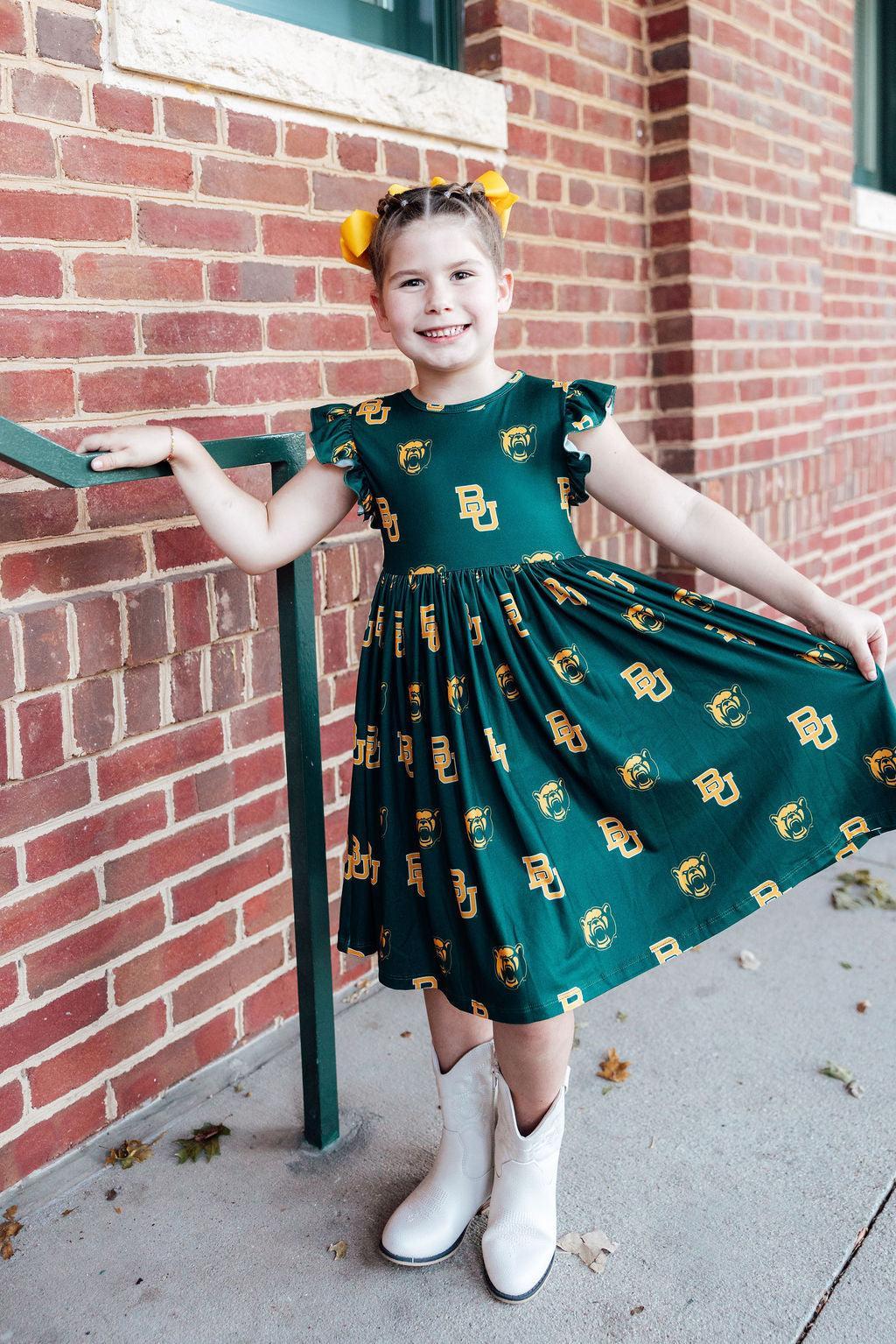 Baylor Green Bear Flutter Twirl Dress