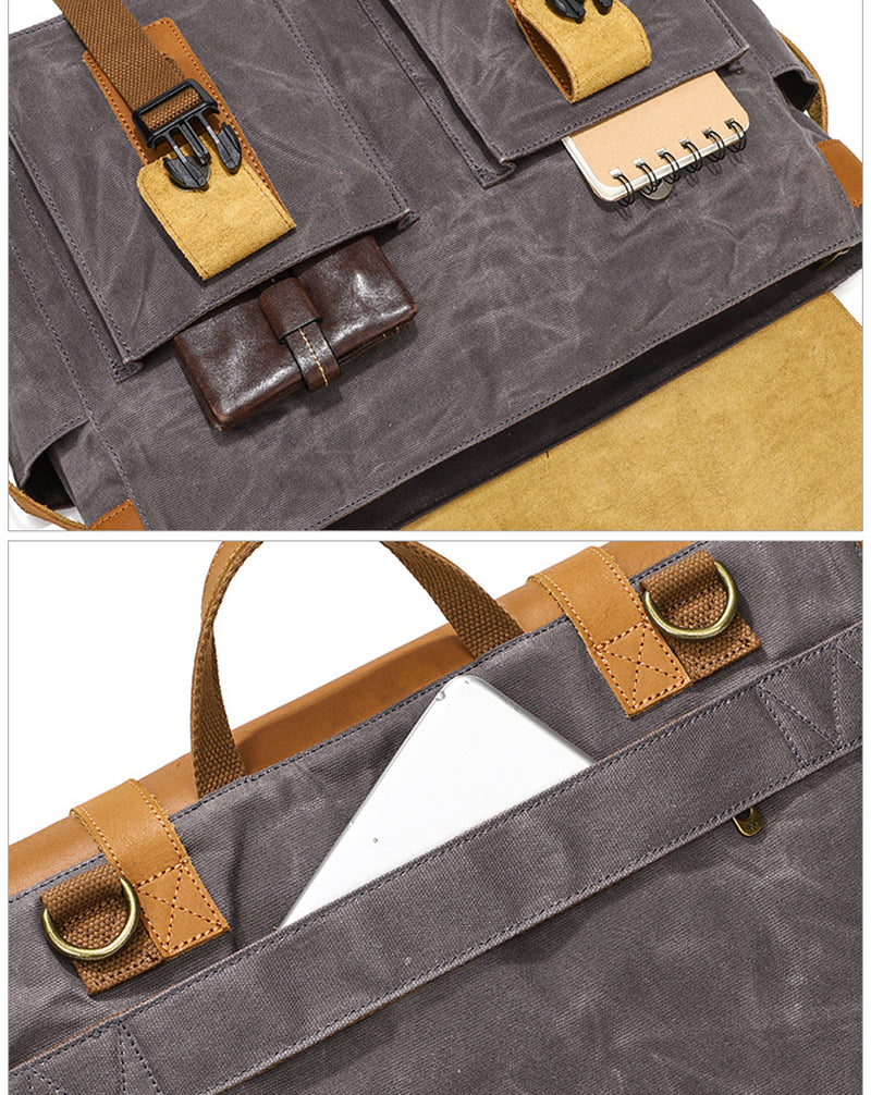 Canvas Messenger Bag Vintage Leather Canvas Briefcase Shoulder Crossbody Bag Laptop Bag Mens Satchel Gift for Him