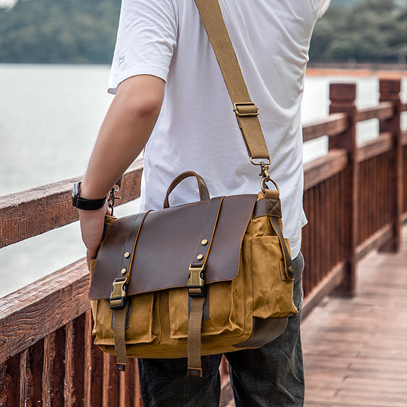 Canvas Messenger Bag Vintage Leather Canvas Briefcase Shoulder Crossbody Bag Laptop Bag Mens Satchel Gift for Him