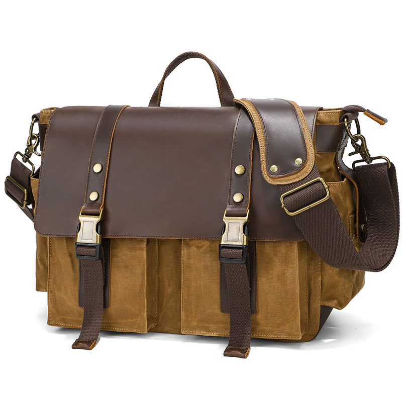 Canvas Messenger Bag Vintage Leather Canvas Briefcase Shoulder Crossbody Bag Laptop Bag Mens Satchel Gift for Him