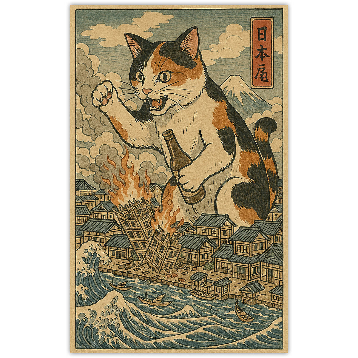 Cat Destroying City Ukiyo-E Sticker