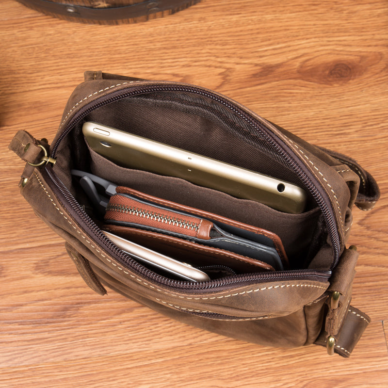 Crazy Horse Leather Messenger Bag Men Shoulder Bag Retro Crossbody Bag Casual Satchel