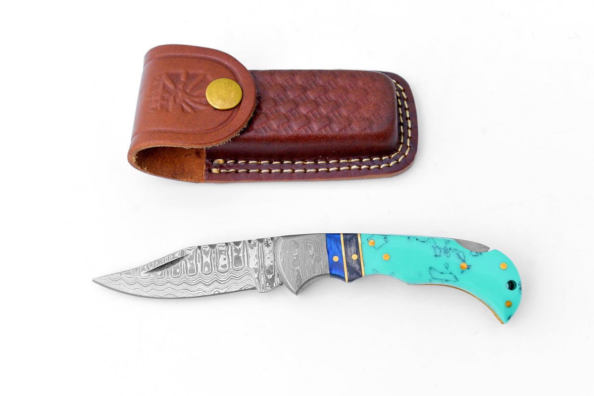 Damascus steel pocket knife Limited Run Turquoise Resin TF-059