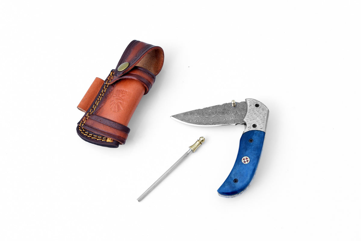 Damascus Steel Folding Knife Dyed Blue Bone TF-047