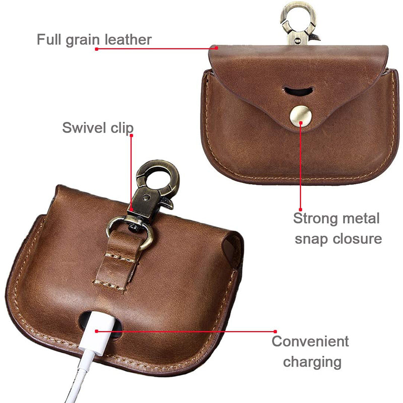 Full Grain Leather Earphone Case For Sony WF-1000xm3 Leather Case with Carabiner Portable Protective Case earphone Sony-Brown