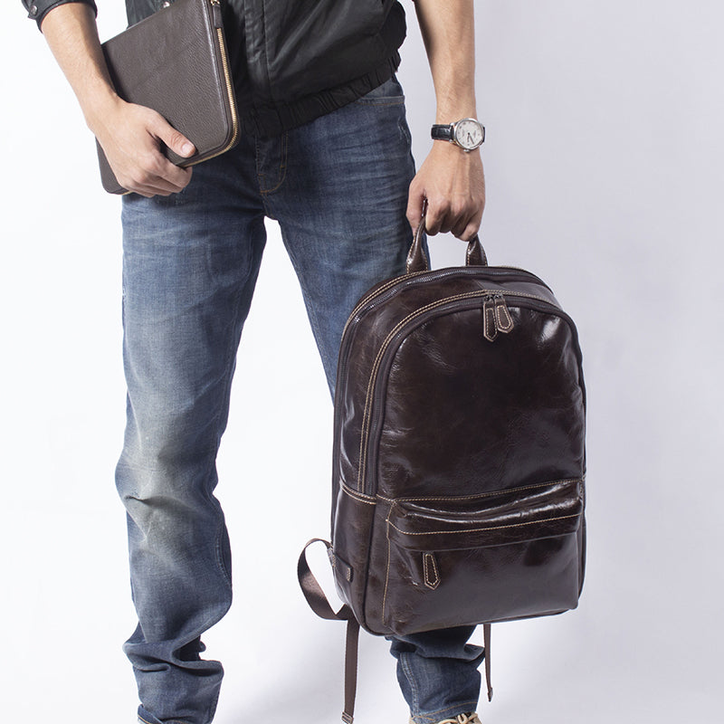 Full Grain Leather Backpack Casual Shoulder Travel Bag For Men Laptop Backpack