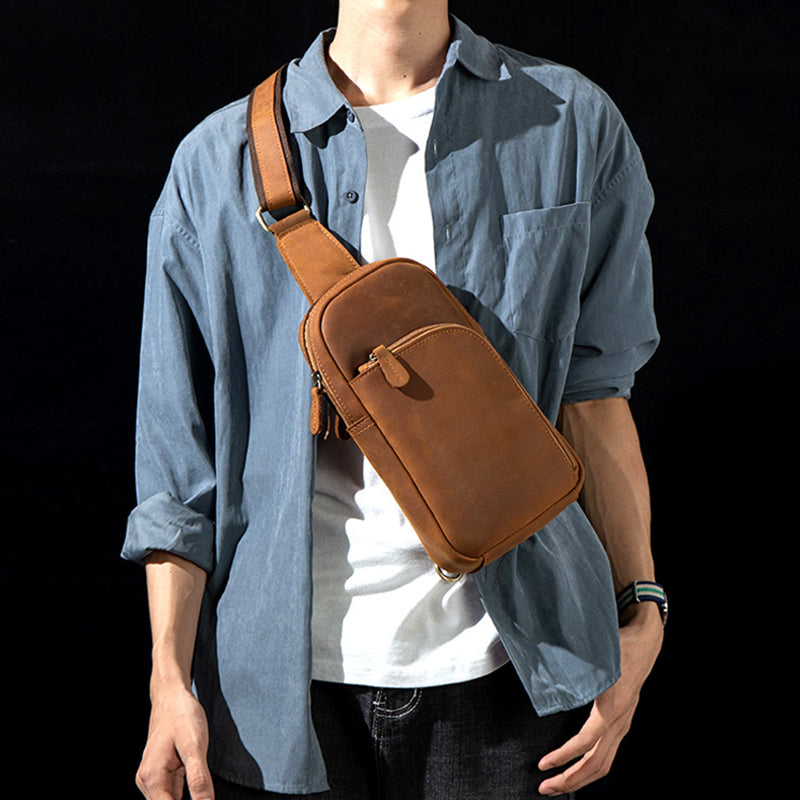 Full Grain Leather Chest Pack Mens Leather Shoulder Bag Crossbody Bag Vintage Chest Bag MSGC1