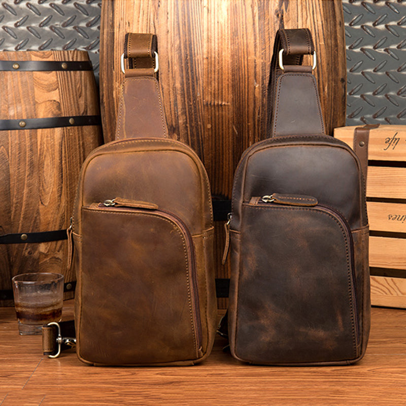 Full Grain Leather Chest Pack Mens Leather Shoulder Bag Crossbody Bag Vintage Chest Bag MSGC1
