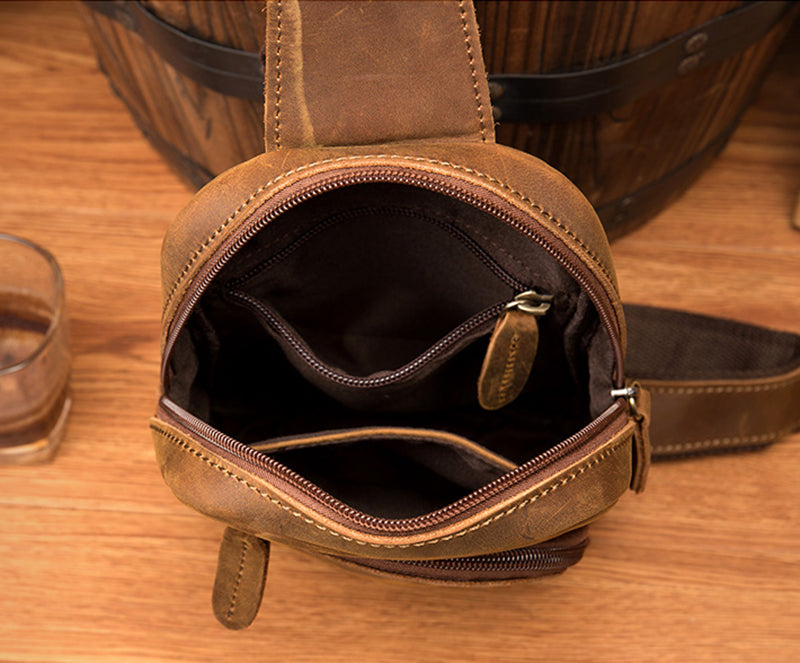 Full Grain Leather Chest Pack Mens Leather Shoulder Bag Crossbody Bag Vintage Chest Bag MSGC1