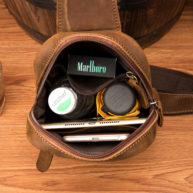 Full Grain Leather Chest Pack Mens Leather Shoulder Bag Crossbody Bag Vintage Chest Bag MSGC1