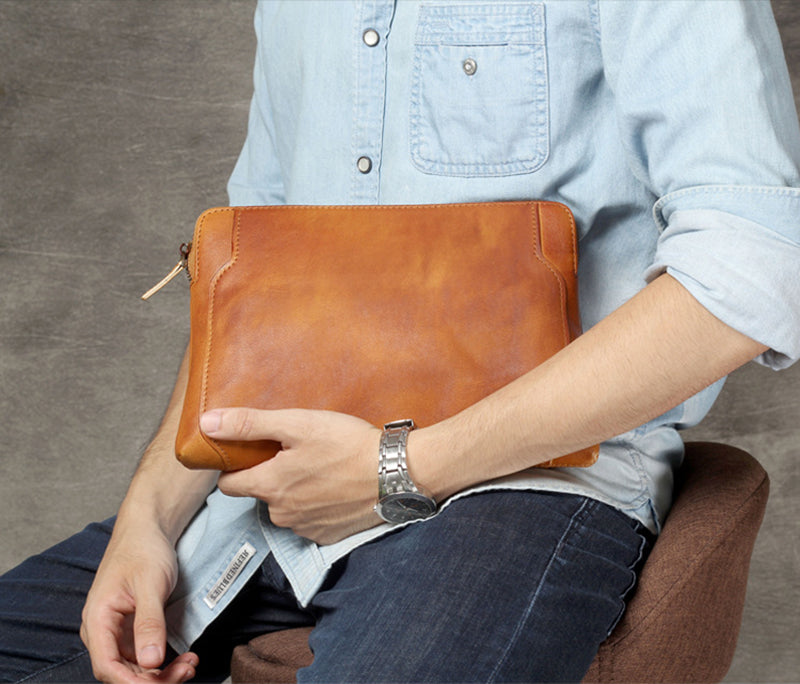 Full Grain Leather Clutch Handmade Mens Wrist Bag Large Long Wallet For Men SWK1109