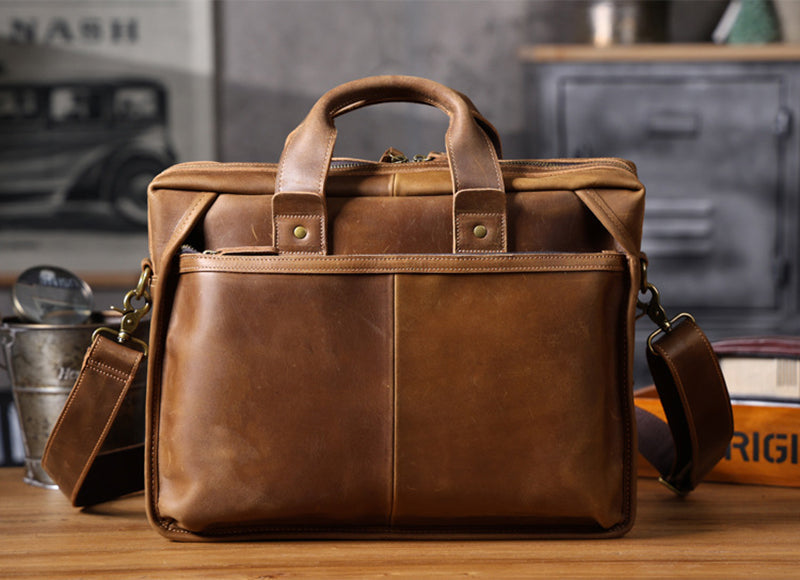 Full Grain Leather Laptop Bag Briefcase Leather Messenger Bag For Men Retro Leather Satchel Portfolio