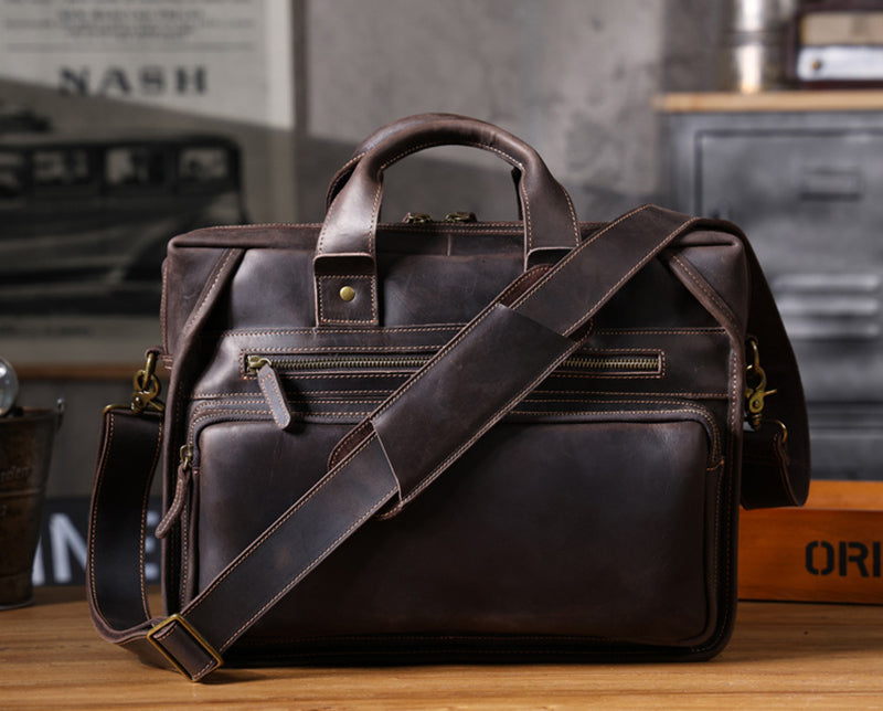 Full Grain Leather Laptop Bag Briefcase Leather Messenger Bag For Men Retro Leather Satchel Portfolio