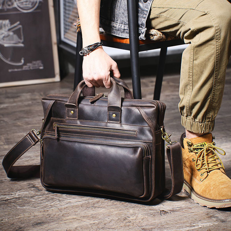Full Grain Leather Laptop Bag Briefcase Leather Messenger Bag For Men Retro Leather Satchel Portfolio
